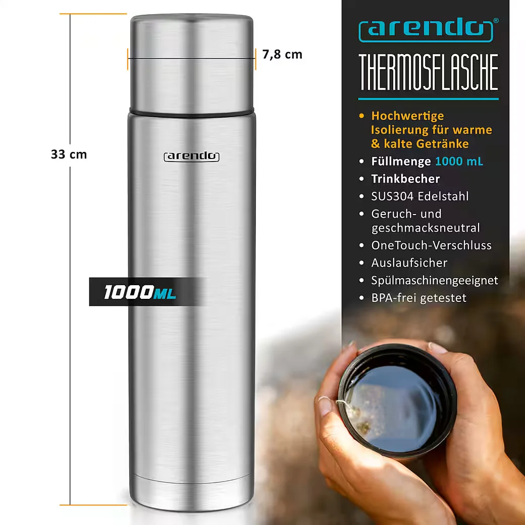 ARENDO Thermoflasche Isolierflasche 1L Edelstahl auslaufsicher