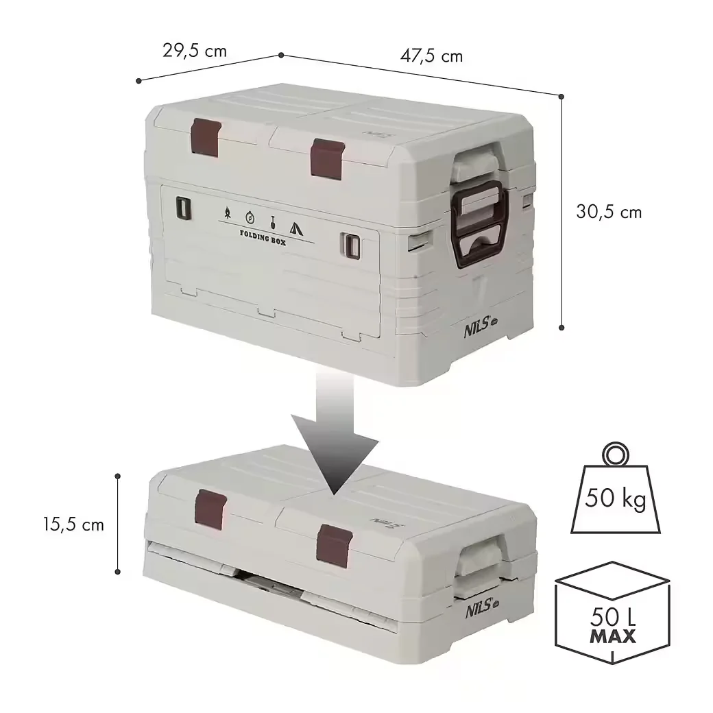 NILS CAMP Aufbewahrungsbox 50L klappbar 2in1 Campingbox mit Fächern