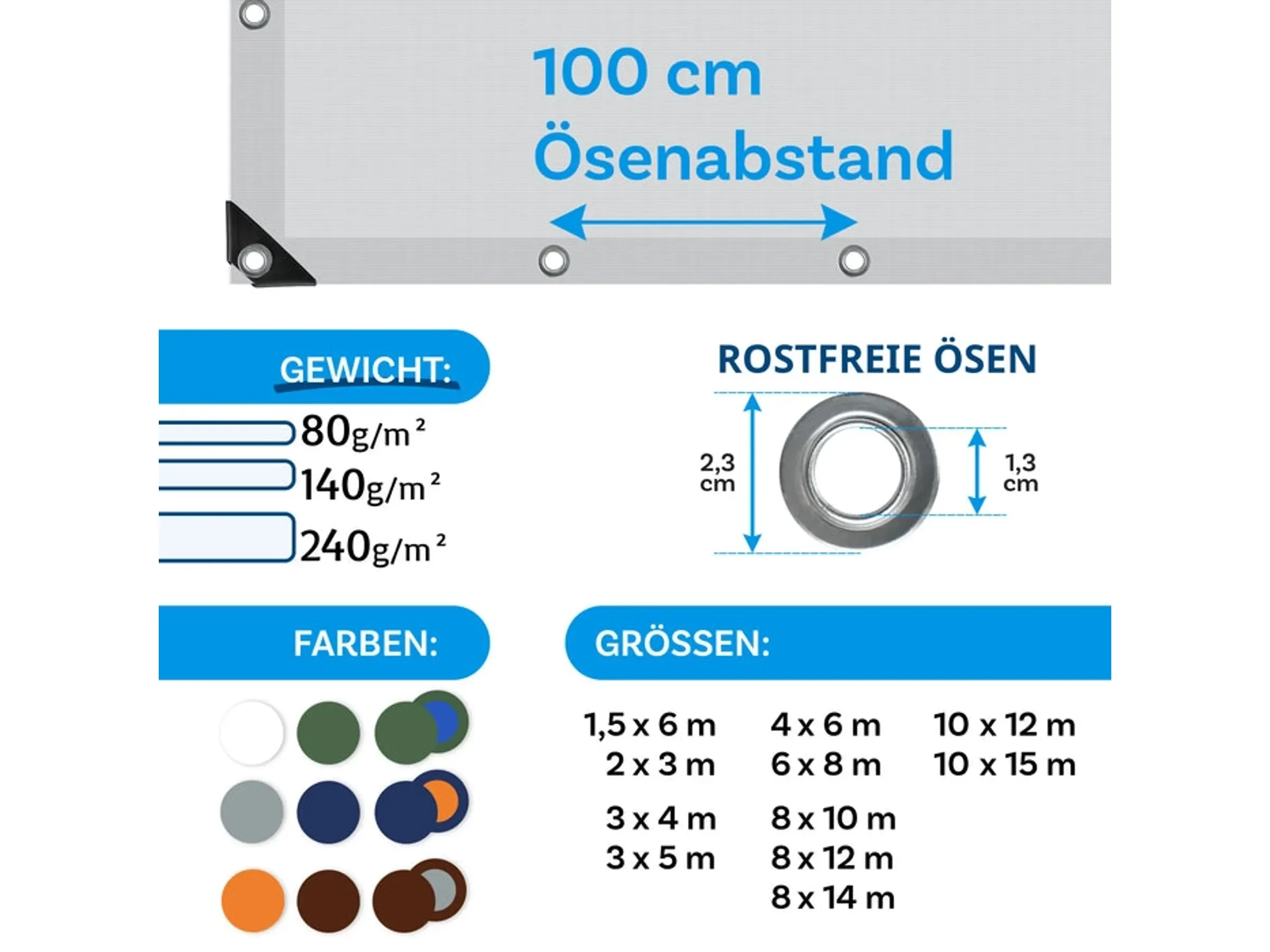 KARAT Abdeckplane wasserdicht mit Ösen 140 g/m2 3 x 4 m Weiß