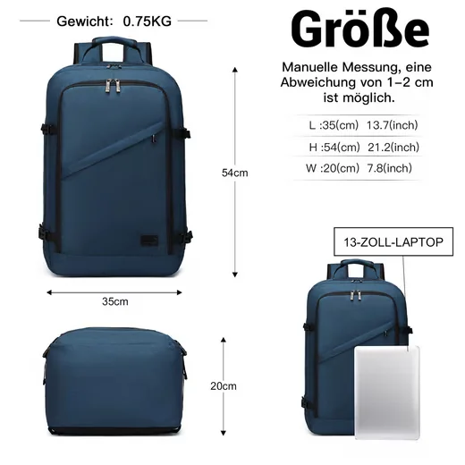 KONO Handgepäck Rucksack leicht mit vielen Fächern