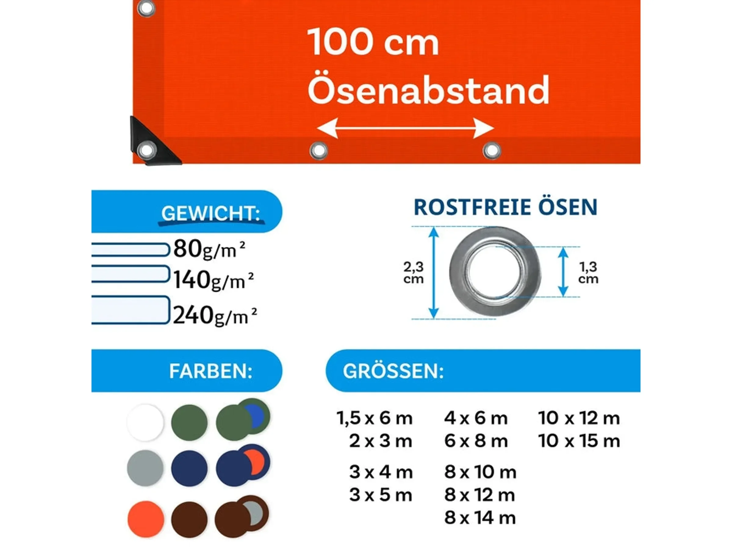 KARAT Abdeckplane 2x3 m, wasserdicht, mit Ösen, 80 g/m2, Orange